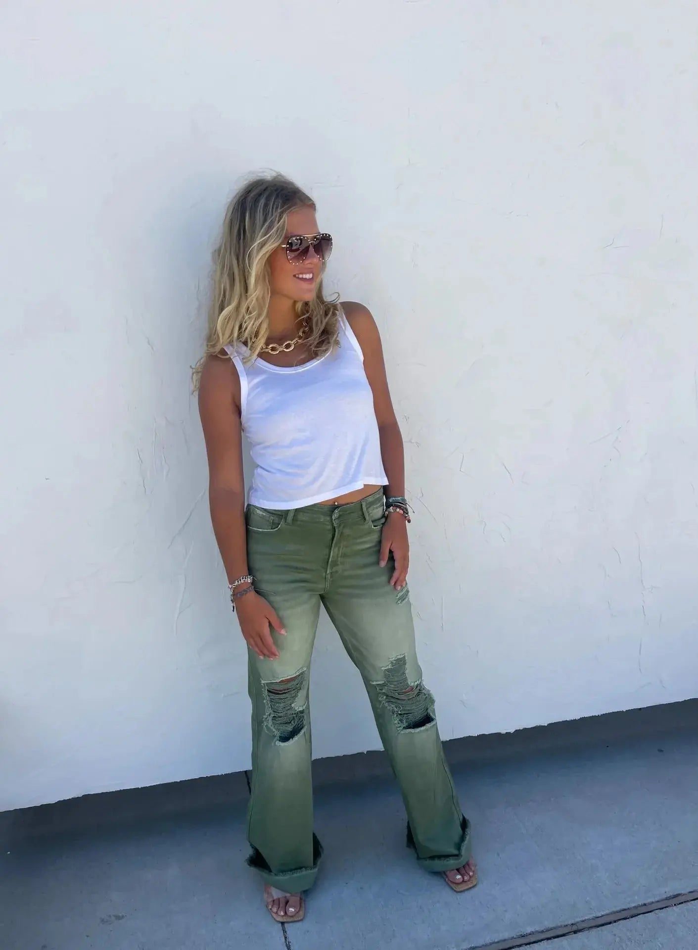 PREORDER: Blakeley Distressed Jeans In Olive and Camel Ave Shops