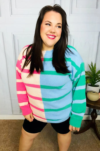 Perfectly Poised Blush & Blue Stripe Color Block Knit Sweater Haptics