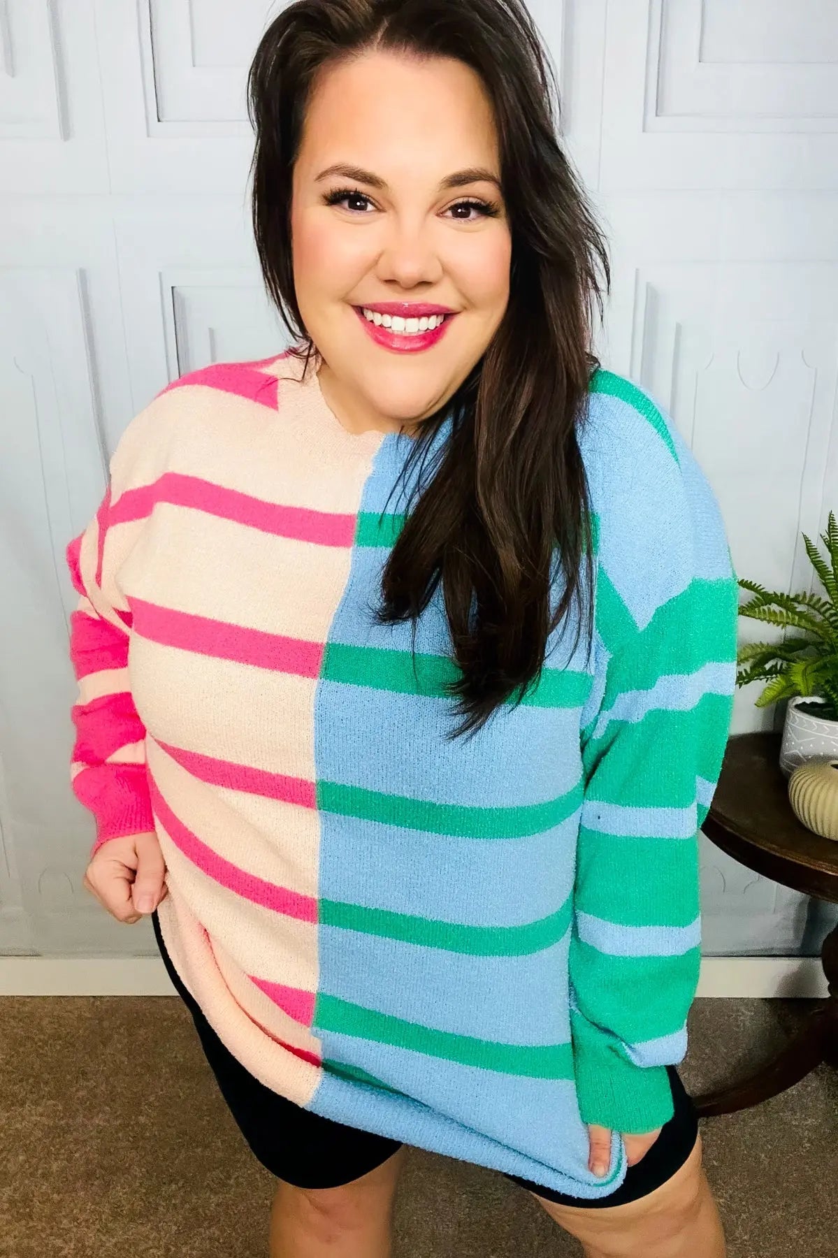 Perfectly Poised Blush & Blue Stripe Color Block Knit Sweater Haptics