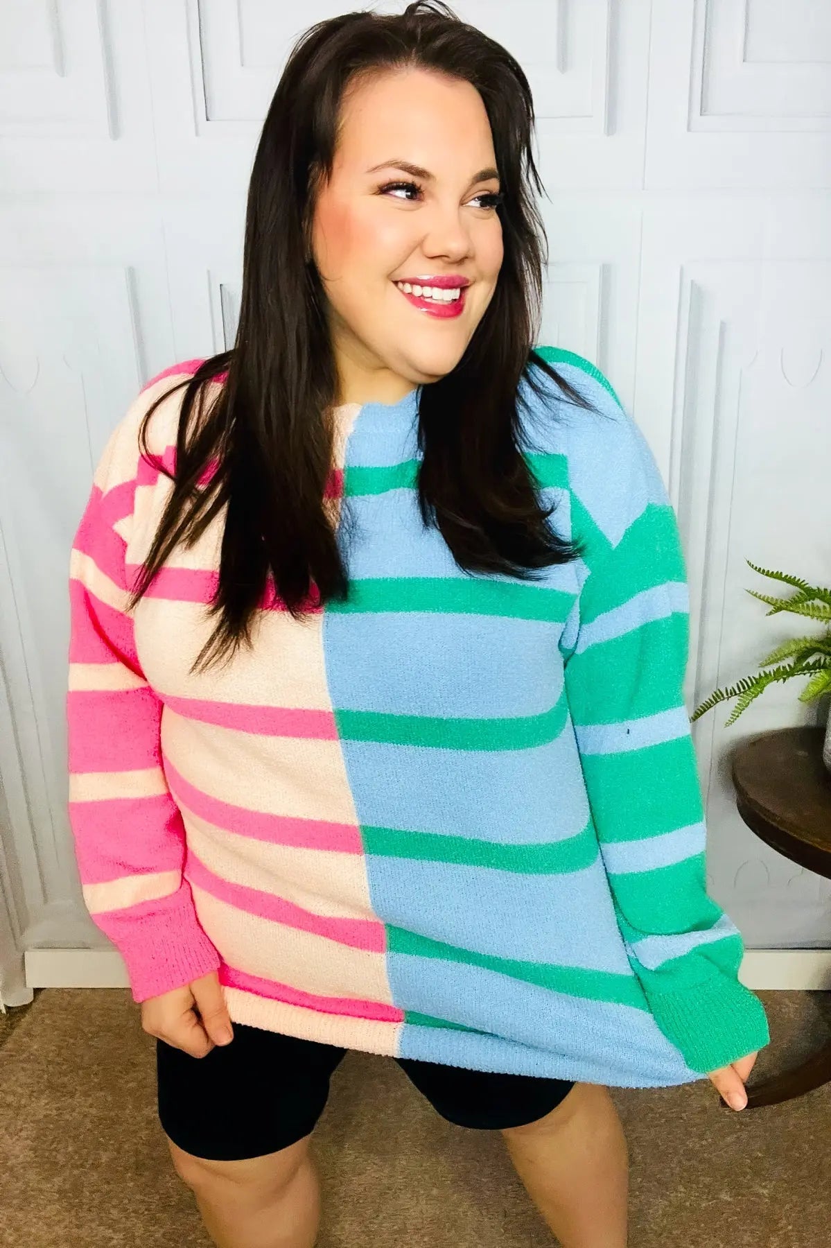 Perfectly Poised Blush & Blue Stripe Color Block Knit Sweater Haptics
