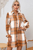 Plaid Collared Neck Flounce Sleeve Shirt Dress Trendsi