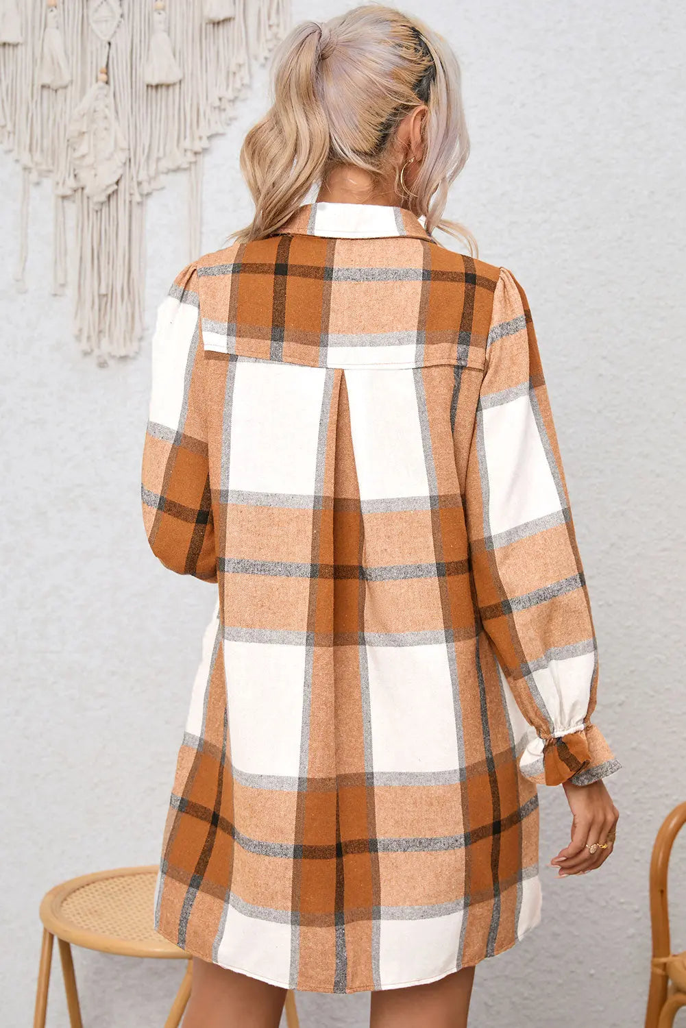 Plaid Collared Neck Flounce Sleeve Shirt Dress Trendsi