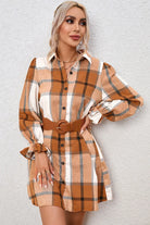 Plaid Collared Neck Flounce Sleeve Shirt Dress Trendsi