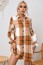 Plaid Collared Neck Flounce Sleeve Shirt Dress Trendsi