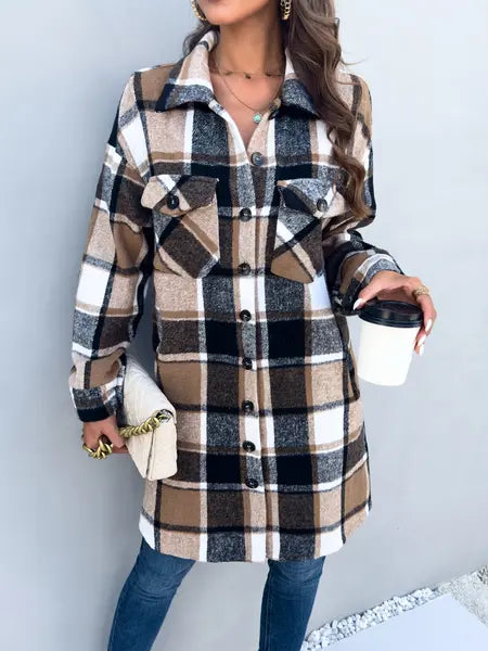 Plaid Long Cardigan Shirt Jacket H72DS3TP49 Casual Chic Boutique