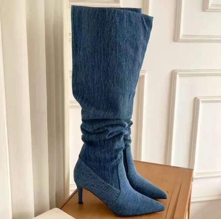 Pleated High Heels Knee High Women Denim Western Cowboy Boots Fashionella