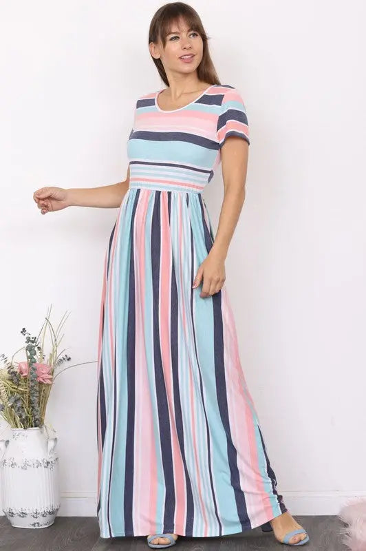 Plus Short Sleeve Stripe Maxi Dress EG fashion