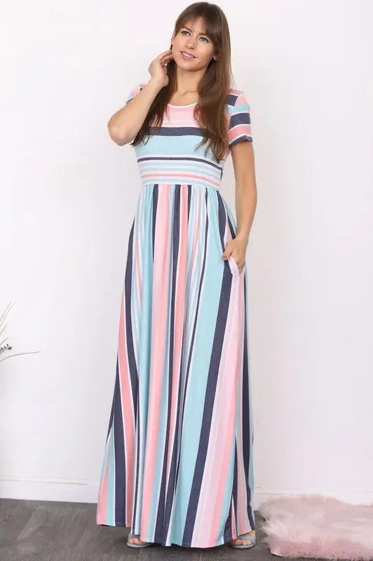 Plus Short Sleeve Stripe Maxi Dress EG fashion