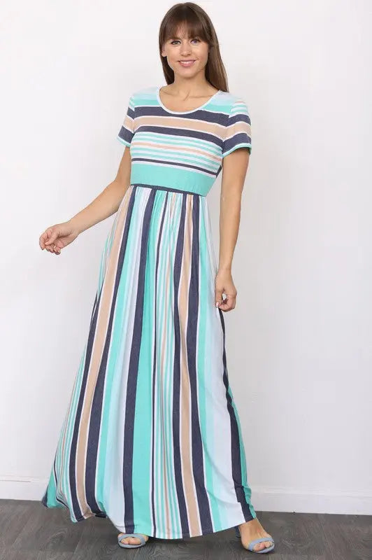 Plus Short Sleeve Stripe Maxi Dress EG fashion