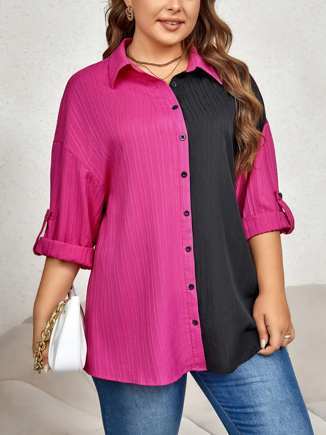Plus Size Contrast Color Roll-Tap Sleeve Shirt Trendsi