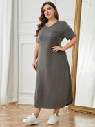 Plus Size Pocketed V-Neck Short Sleeve Lounge Dress Trendsi