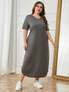 Plus Size Pocketed V-Neck Short Sleeve Lounge Dress Trendsi