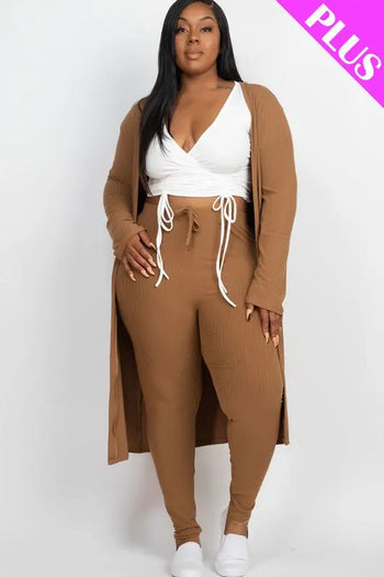 Plus Size Ribbed Long Cardigan & Leggings Set Capella