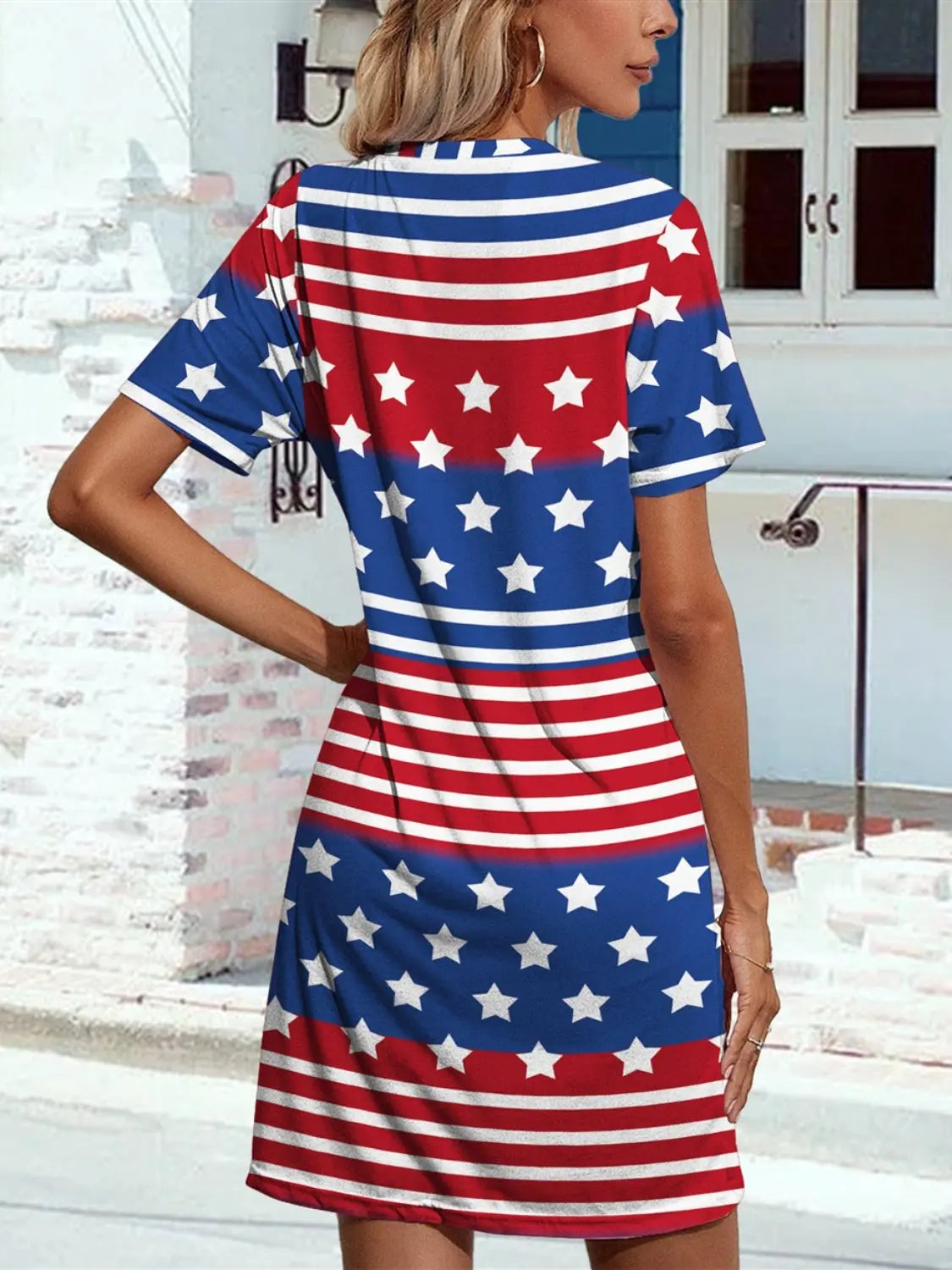 Pocketd US Flag Printed Short Sleeve Dress Trendsi