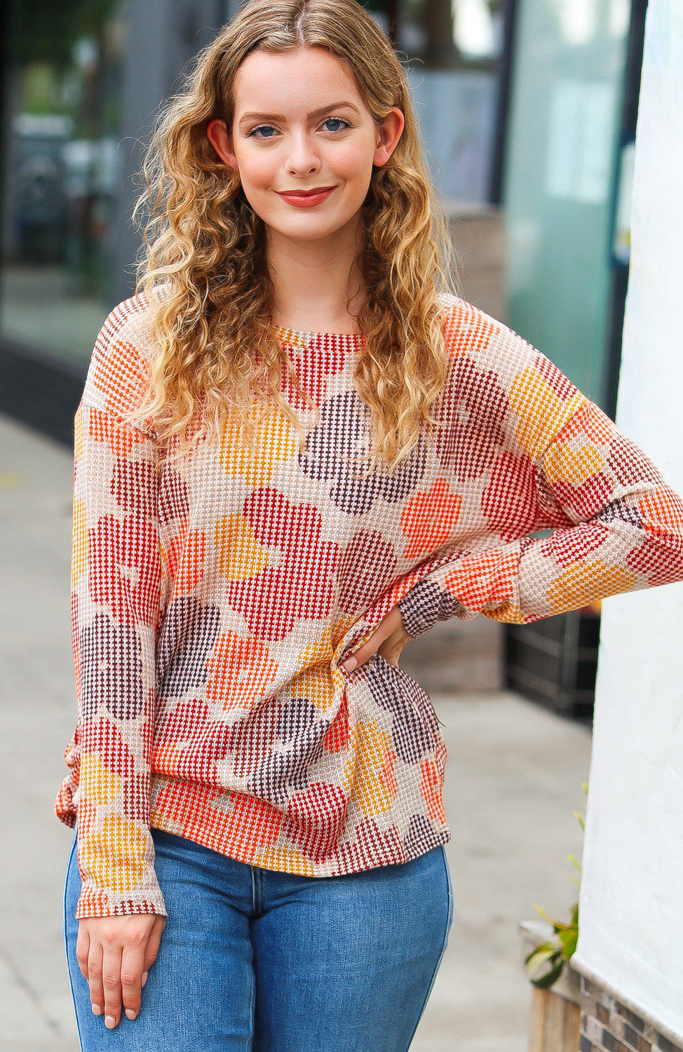 Dreamy Orange & Taupe Flat Floral Two Tone Knit Top Haptics