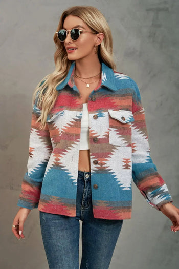 Printed Collared Neck Jacket Trendsi