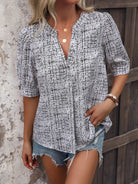 Printed Notched Half Sleeve Blouse Trendsi