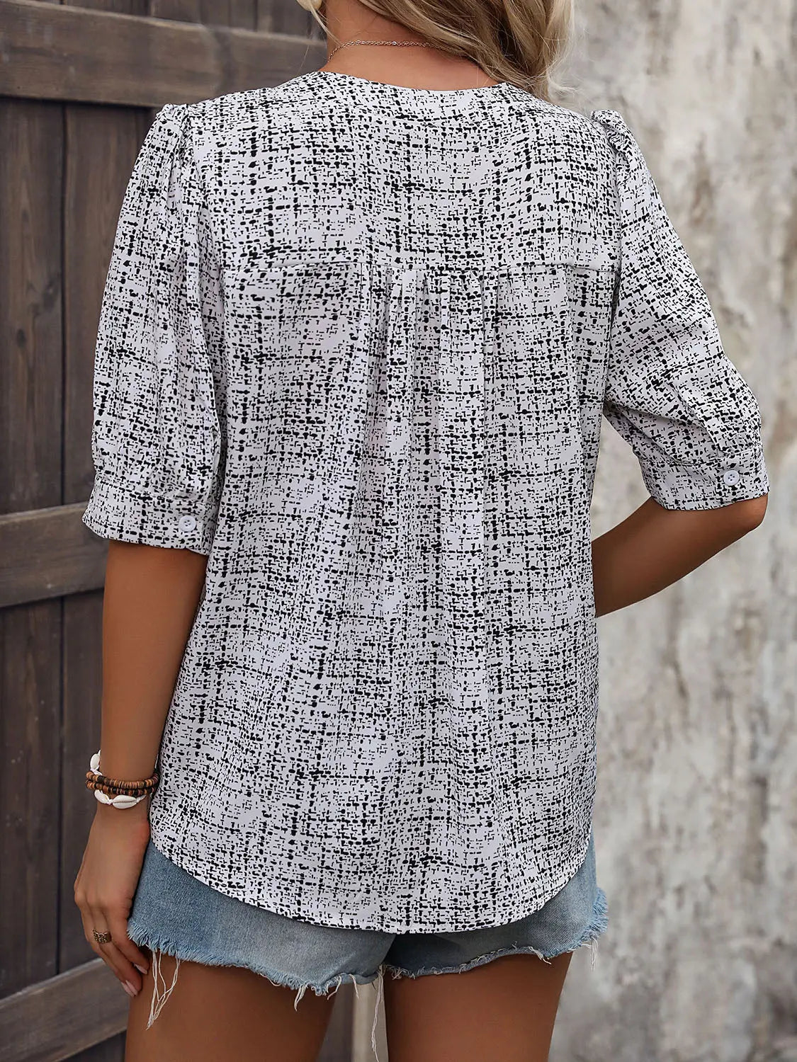 Printed Notched Half Sleeve Blouse Trendsi