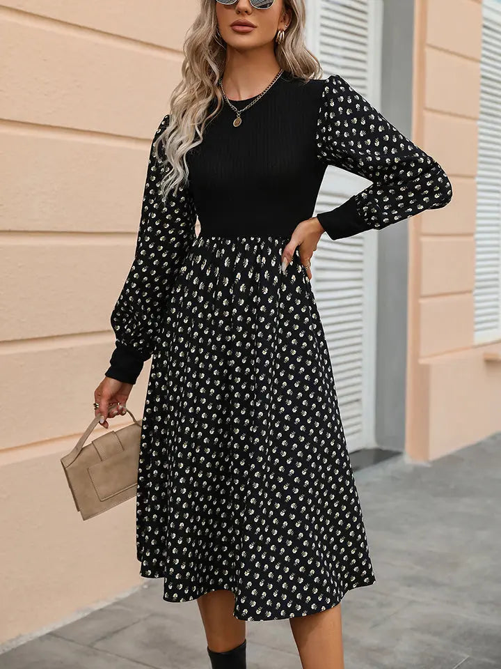 Printed Round Neck Long Sleeve Dress Trendsi