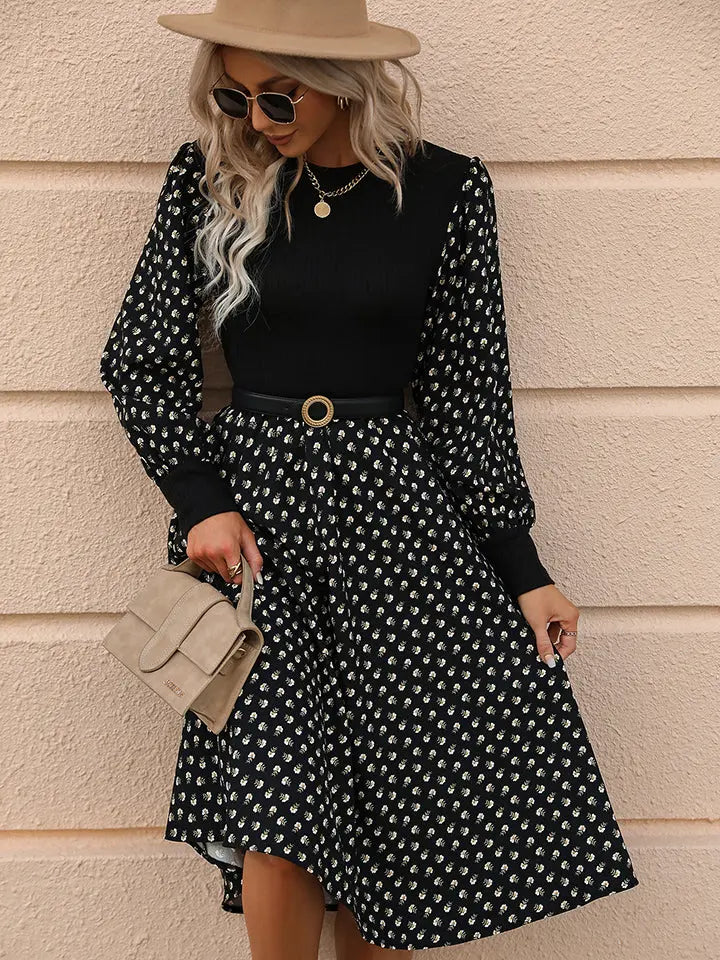 Printed Round Neck Long Sleeve Dress Trendsi