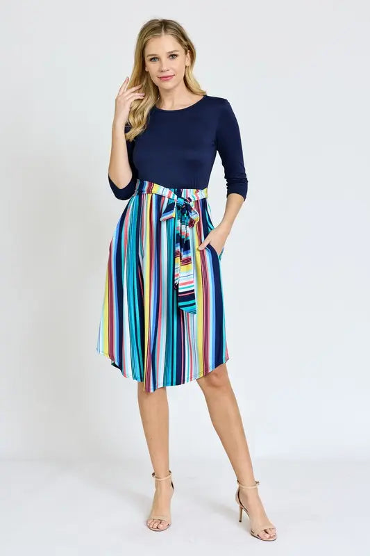 Quarter Sleeve Multi Stripe Sash Midi Dress EG fashion