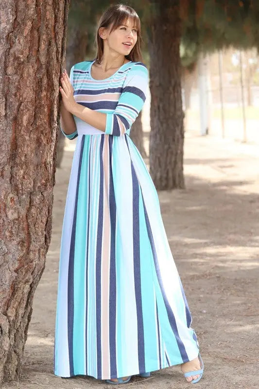 Quarter Sleeve Stripe Maxi Dress EG fashion