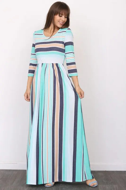 Quarter Sleeve Stripe Maxi Dress EG fashion