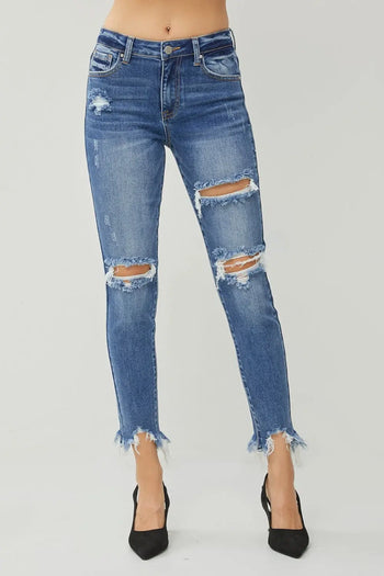 RISEN Distressed Frayed Hem Slim Jeans Trendsi