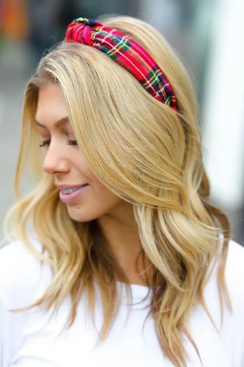 Red Christmas Plaid Top Knot Headband ANARK STREET