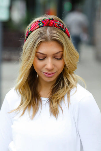 Red Christmas Plaid Top Knot Headband ANARK STREET