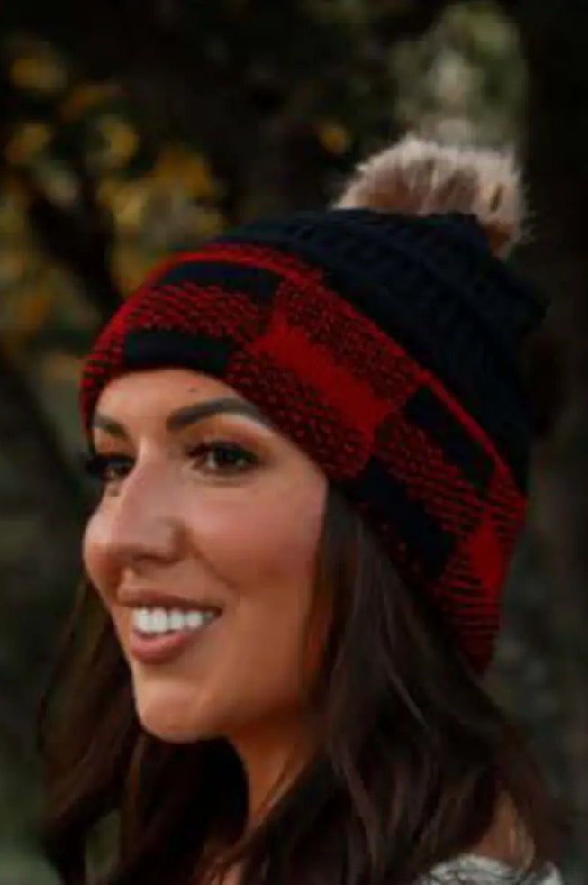 Red Plaid Pom Beanie Accessories Boutique Simplified