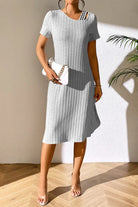 Ribbed Asymmetrical Neck Short Sleeve Dress Trendsi