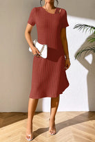 Ribbed Asymmetrical Neck Short Sleeve Dress Trendsi