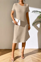 Ribbed Asymmetrical Neck Short Sleeve Dress Trendsi