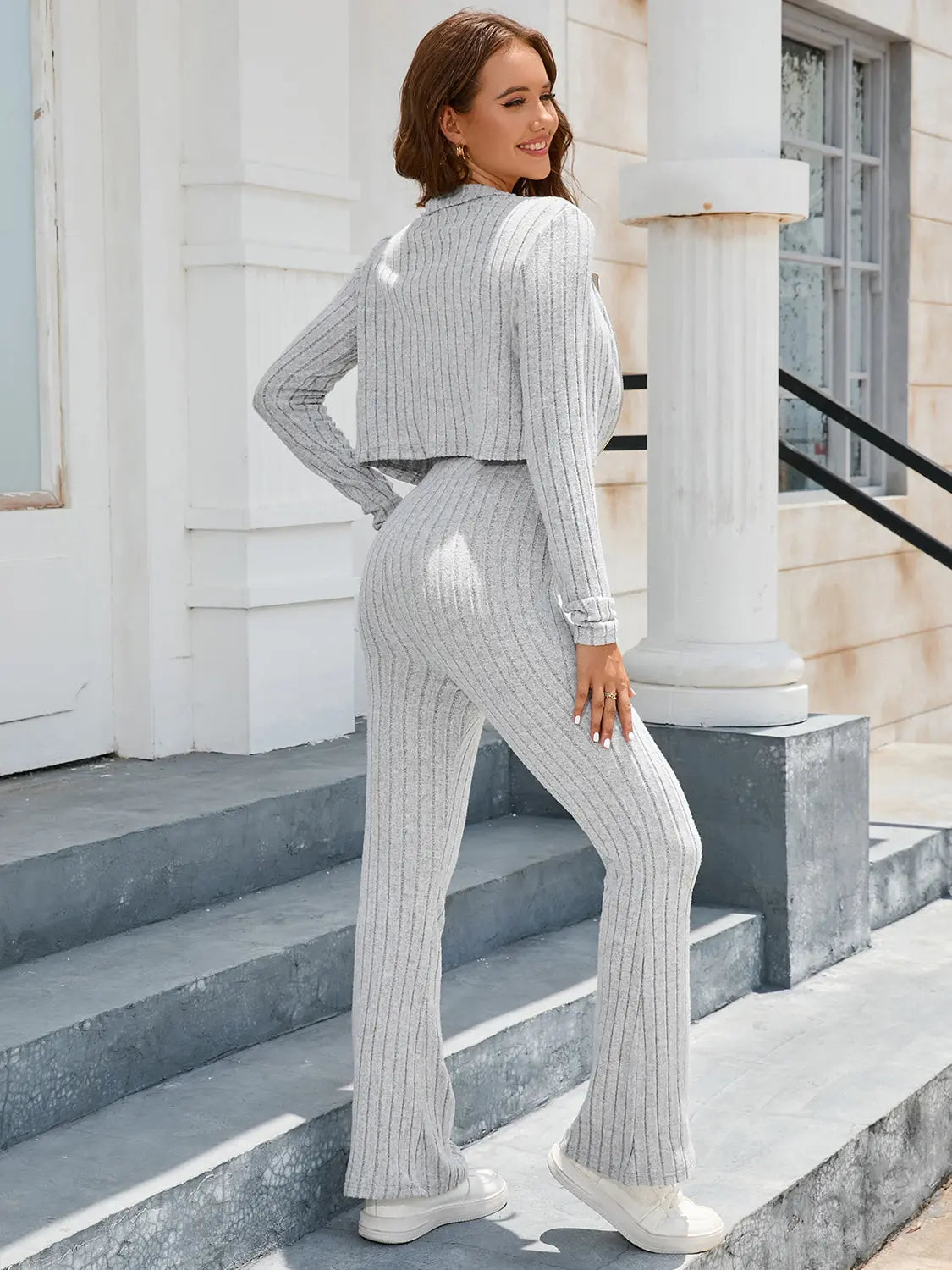 Ribbed Collared Neck Zip-Up Top and Pants Set Trendsi