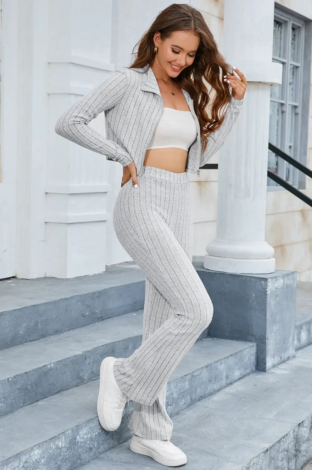 Ribbed Collared Neck Zip-Up Top and Pants Set Trendsi