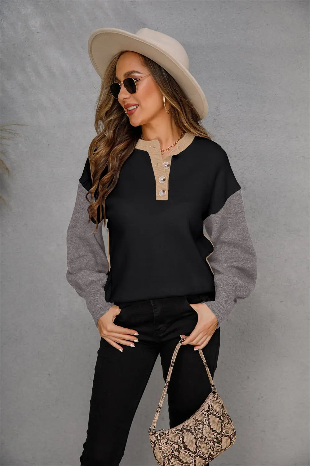 Round Neck Buttoned Knit Top Trendsi