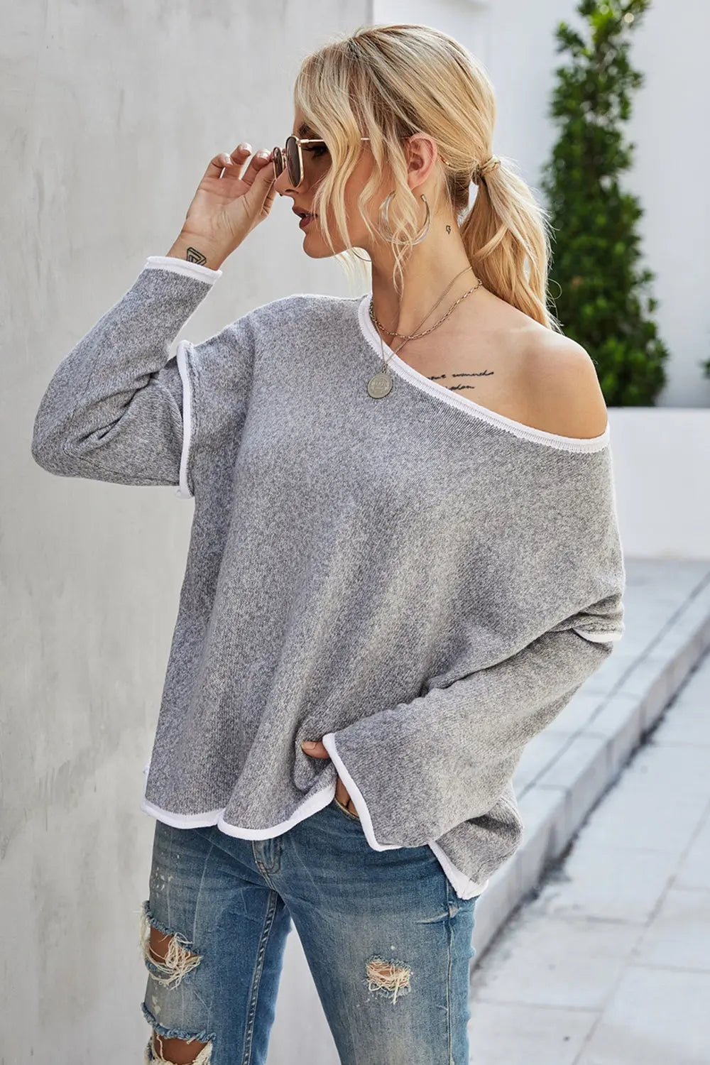 Round Neck Dropped Shoulder Sweater Trendsi