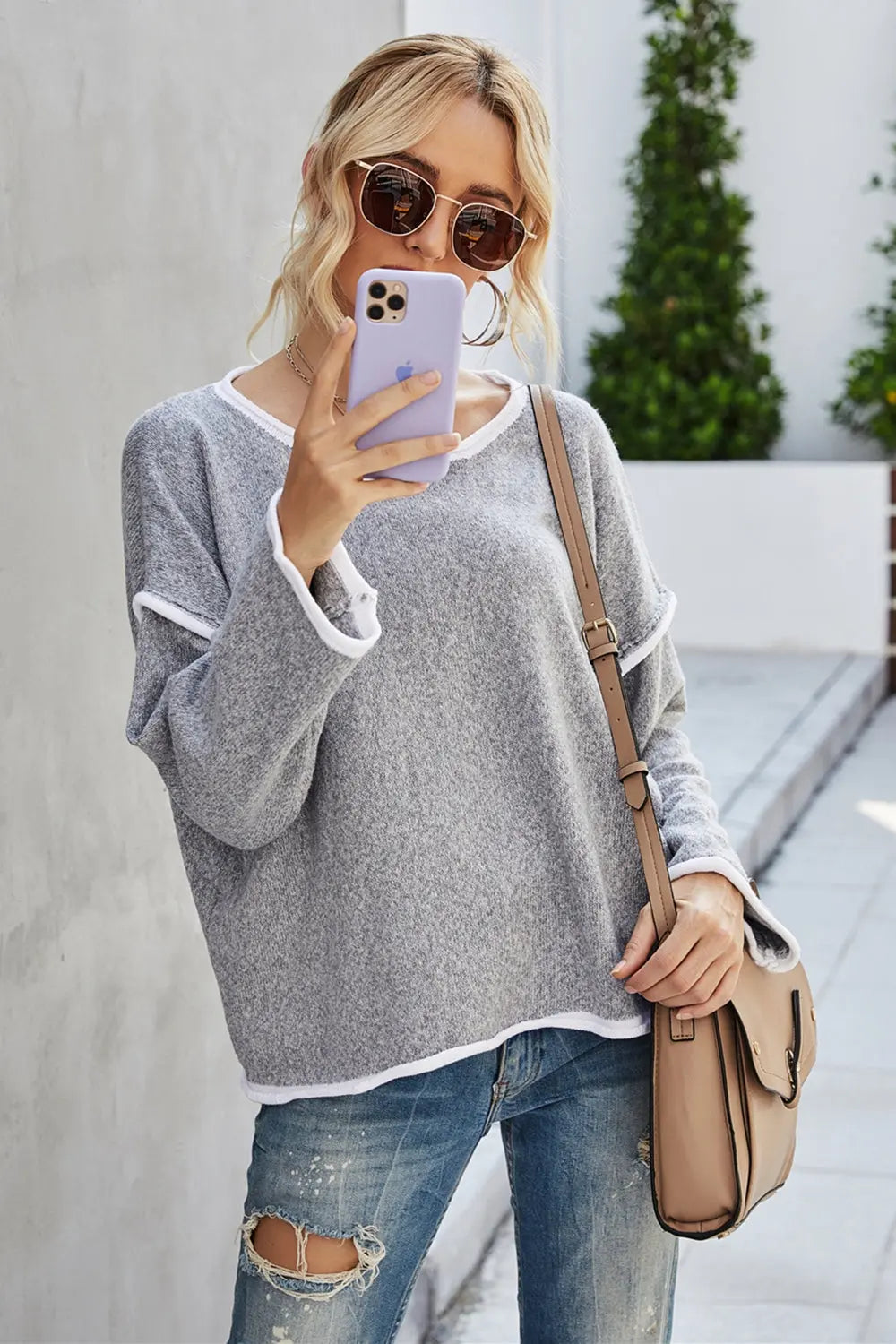 Round Neck Dropped Shoulder Sweater Trendsi