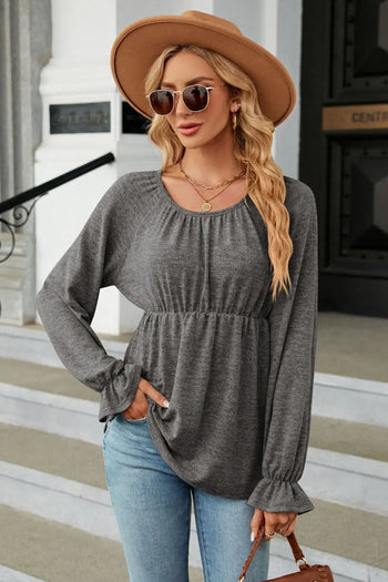 Round Neck Flounce Sleeve Blouse Trendsi