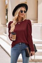 Round Neck Puff Sleeve Blouse Trendsi