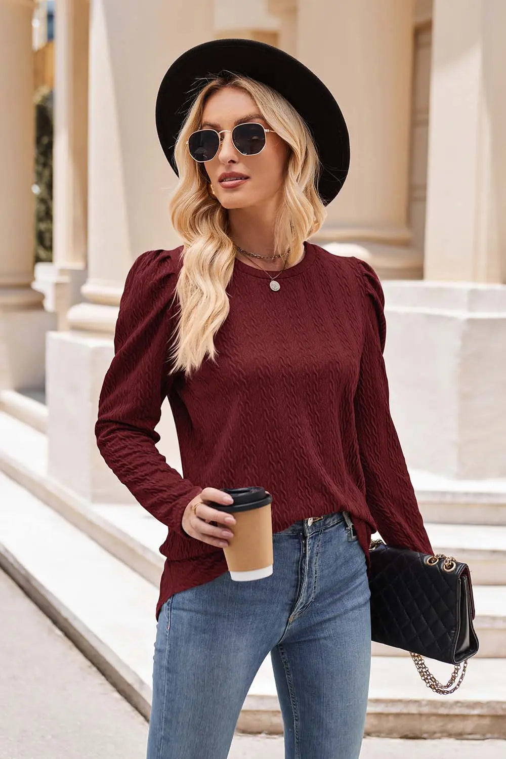 Round Neck Puff Sleeve Blouse Trendsi