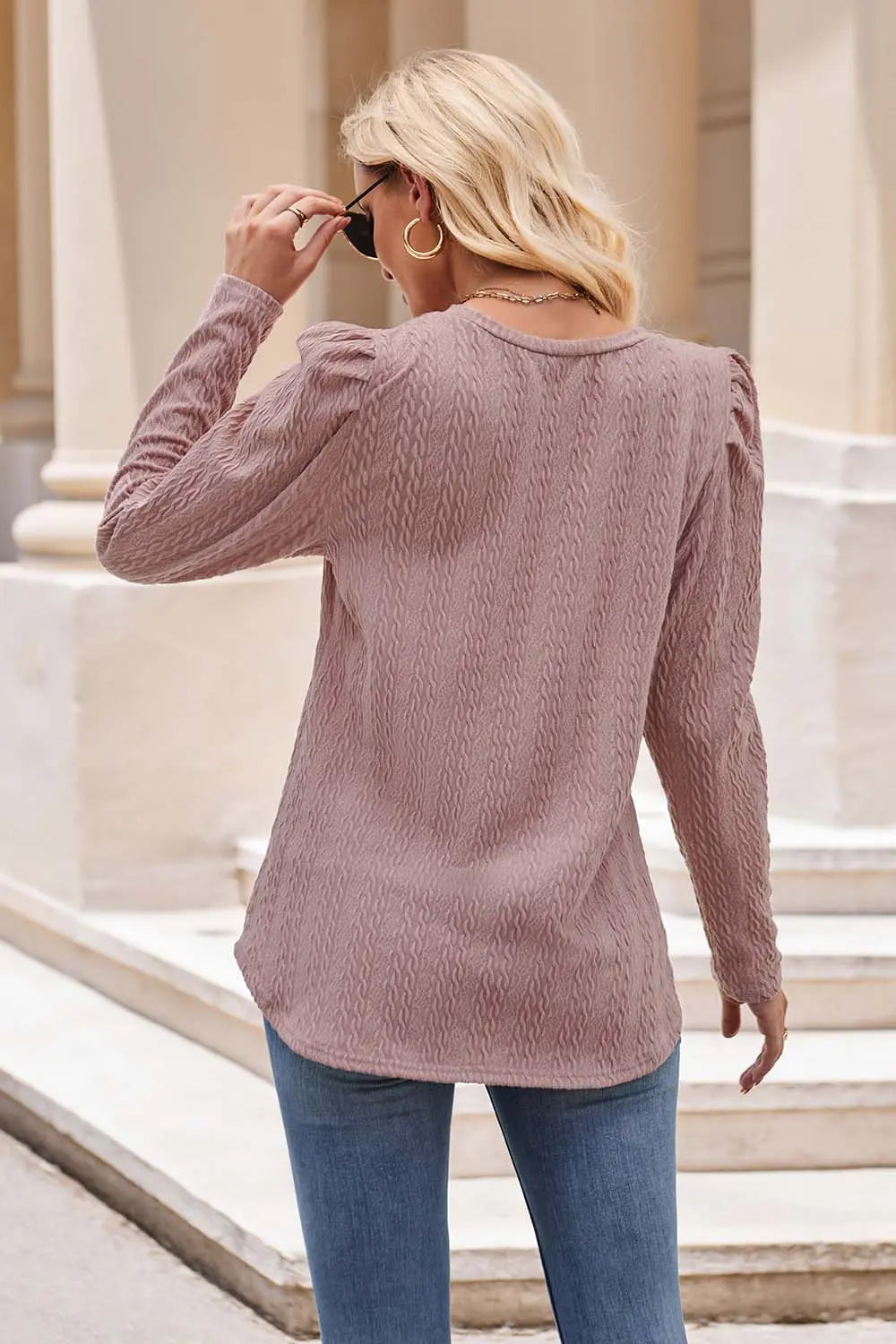 Round Neck Puff Sleeve Blouse Trendsi