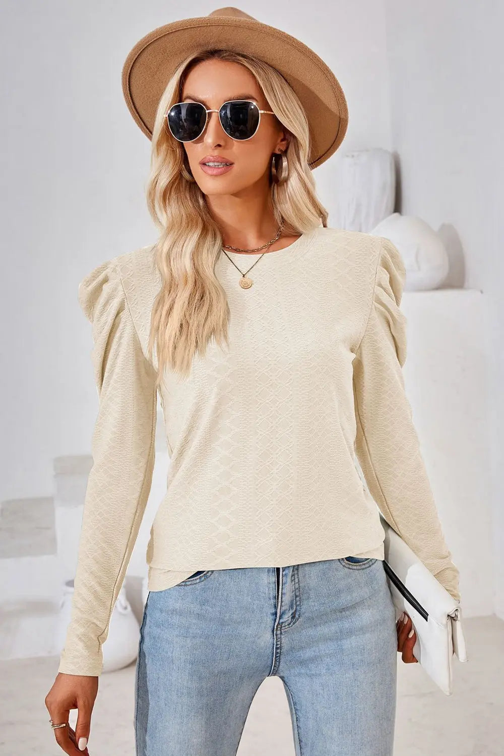 Round Neck Puff Sleeve Blouse Trendsi