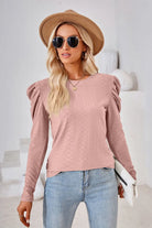 Round Neck Puff Sleeve Blouse Trendsi