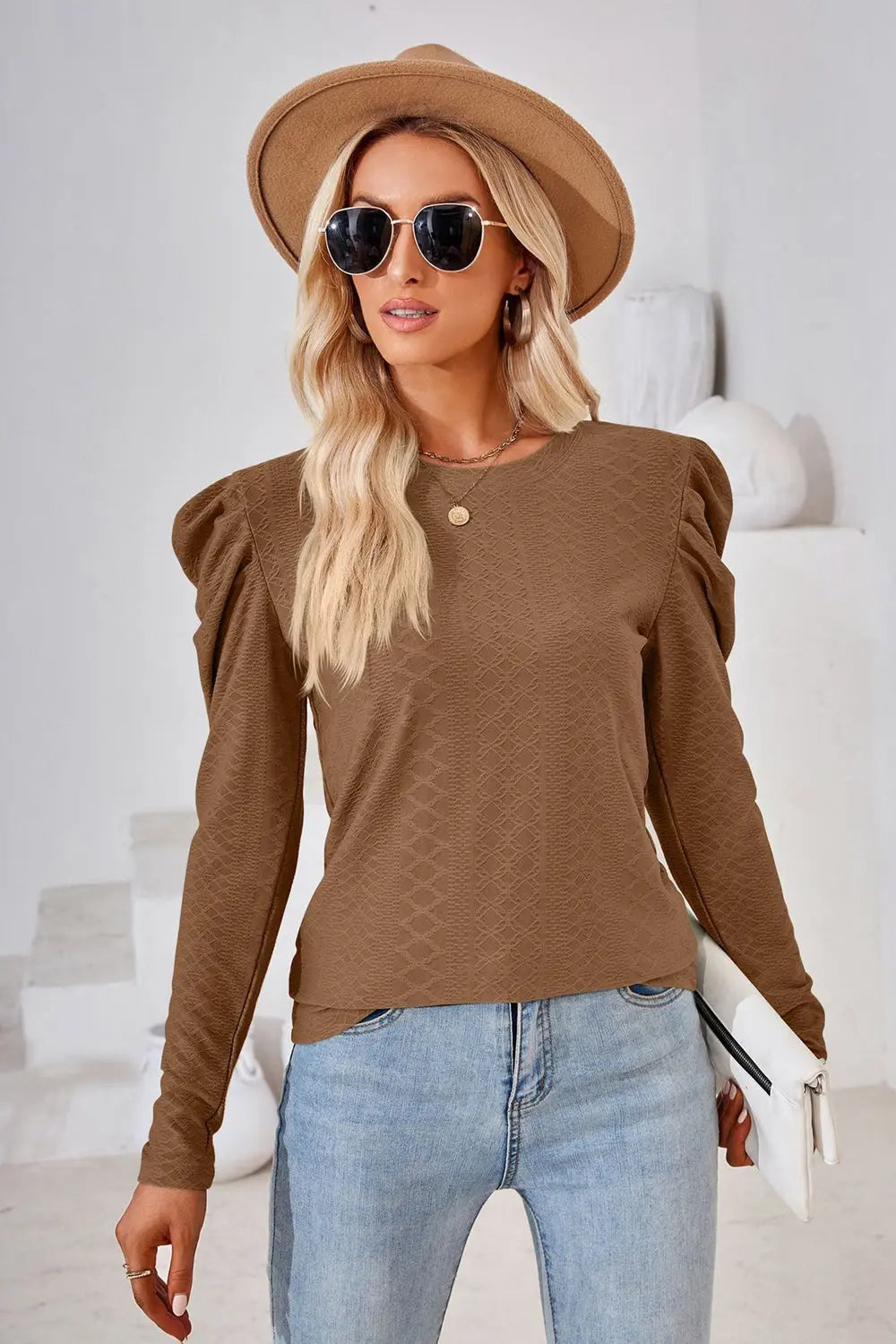 Round Neck Puff Sleeve Blouse Trendsi