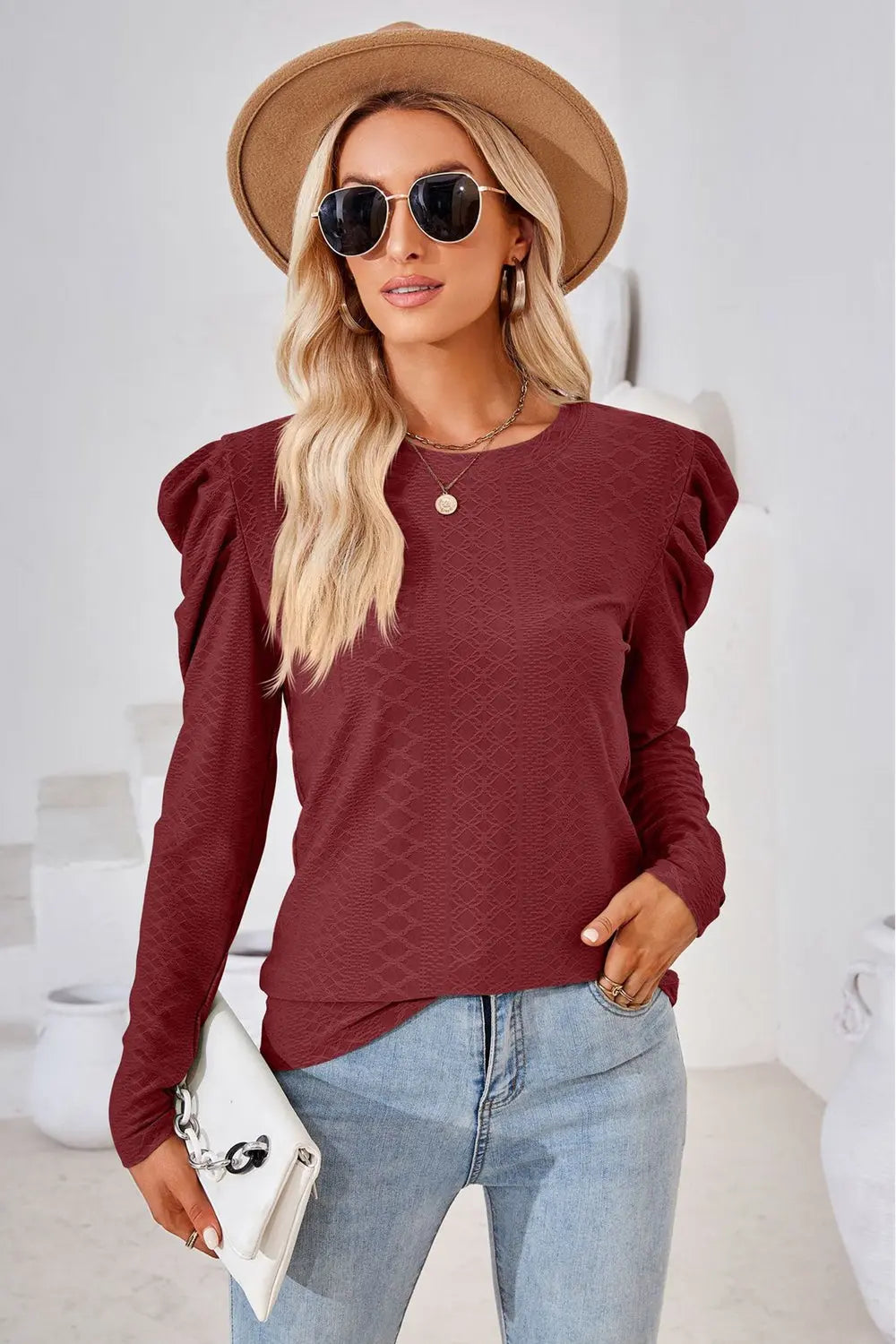 Round Neck Puff Sleeve Blouse Trendsi