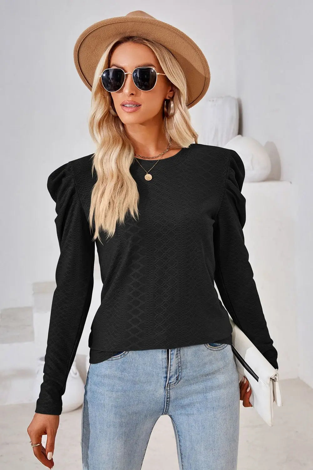 Round Neck Puff Sleeve Blouse Trendsi