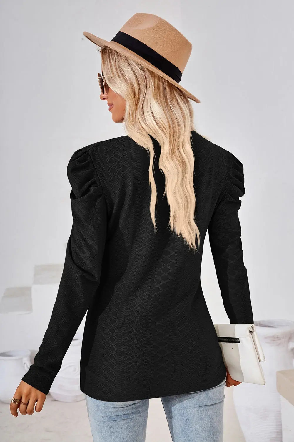 Round Neck Puff Sleeve Blouse Trendsi