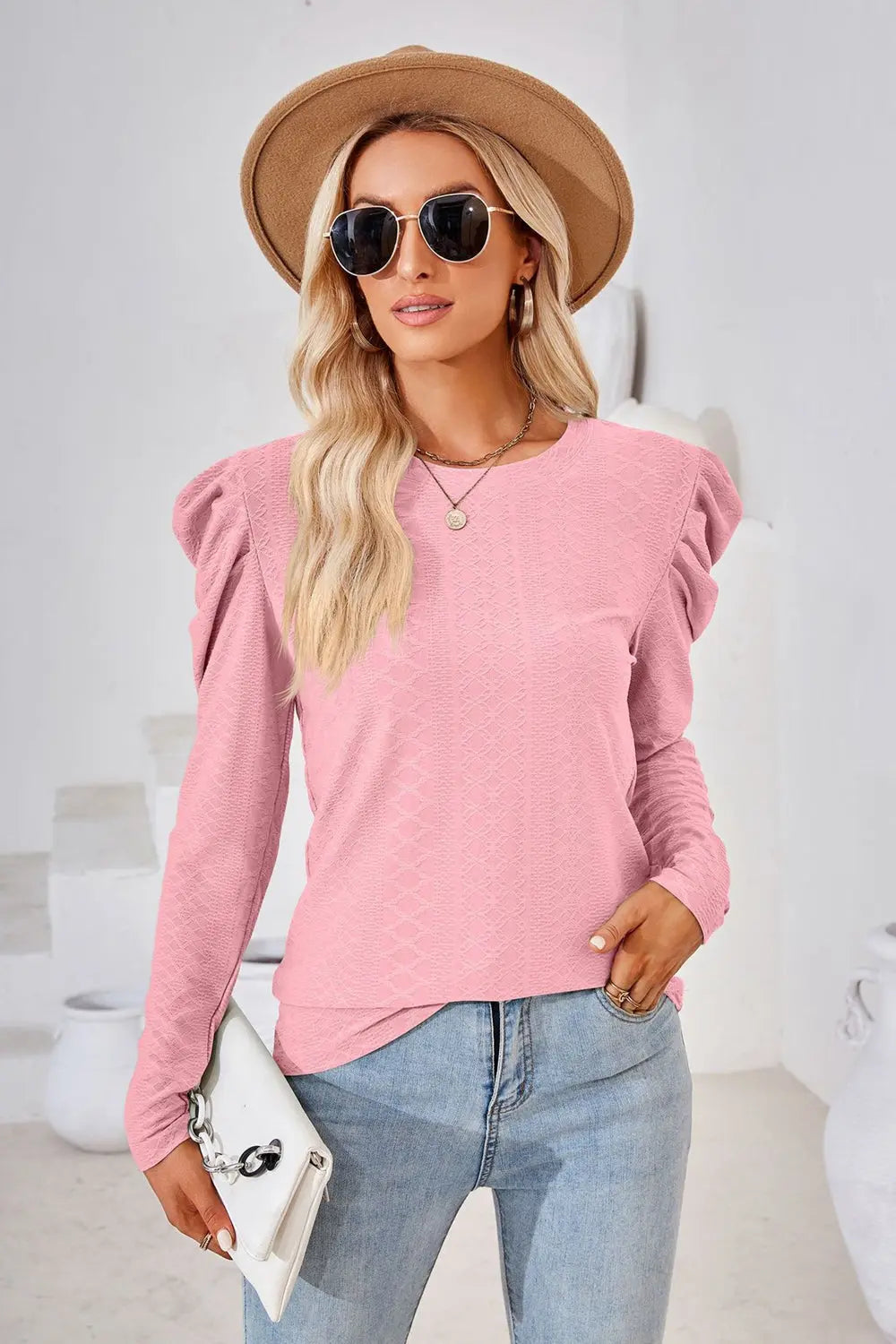 Round Neck Puff Sleeve Blouse Trendsi